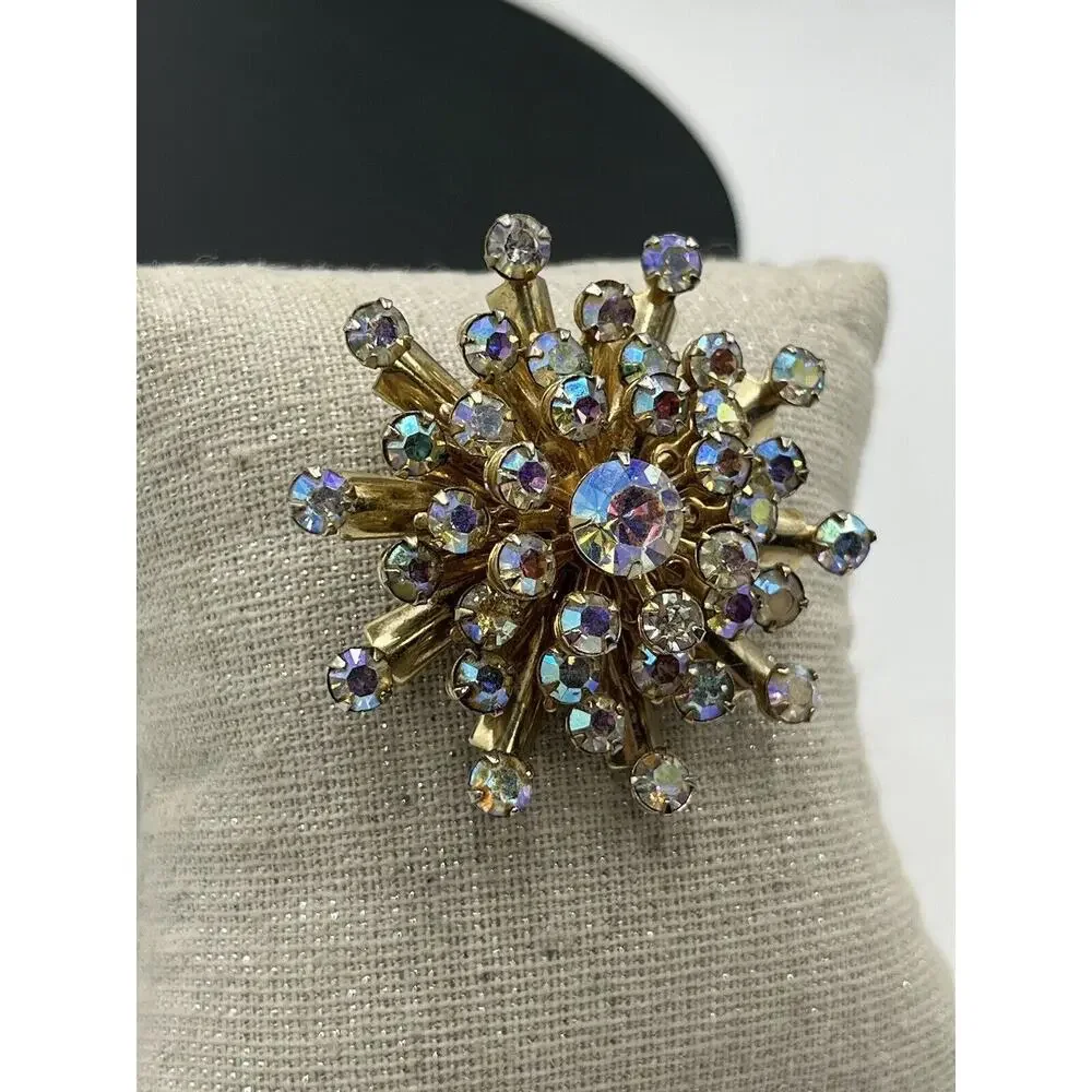 Vintage Aurora Borealis AB Rhinestone Starburst‎ Sunburst Brooch Pin